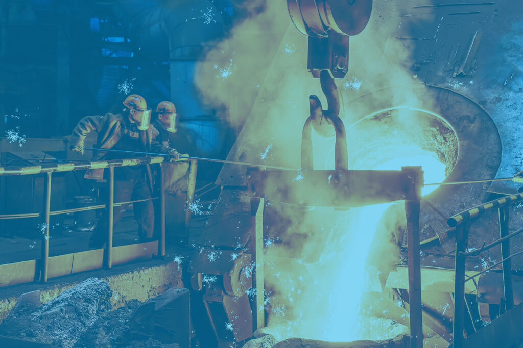 Cast iron process, liquid molten metal pouring in ladle, industrial metallurgical foundry factory, heavy industry